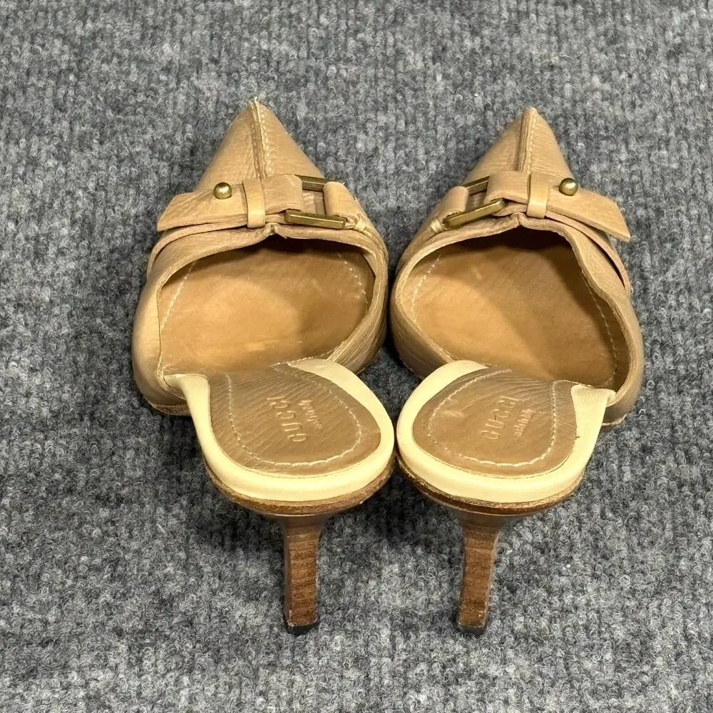 Gucci Shoes Womens 5.5 Beige Leather Pointed Toe Leather Mule Heels Buckle Italy